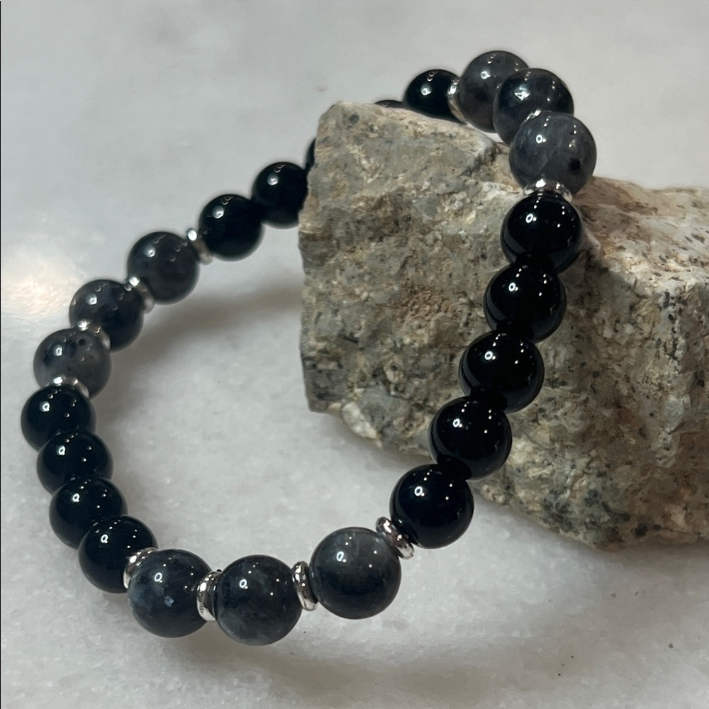 Artisan Black Onyx and Gray Moonstone Beaded Bracelet